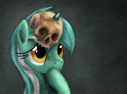 Size: 800x593 | Tagged: safe, artist:hewison, lyra heartstrings, pony, unicorn, horn, horn impalement, skull, solo, thinking