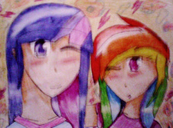 Size: 1748x1296 | Tagged: safe, artist:sonicrainboom177, derpibooru import, rainbow dash, twilight sparkle, human, blushing, female, humanized, lesbian, shipping, traditional art, twidash, wind