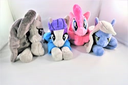 Size: 5472x3648 | Tagged: safe, artist:kazzysart, limestone pie, marble pie, maud pie, pinkie pie, earth pony, pony, absurd resolution, beanie (plushie), female, group, irl, looking at you, mare, photo, pie sisters, plushie