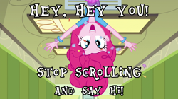 Size: 1010x564 | Tagged: safe, screencap, pinkie pie, equestria girls, friendship games, air vent, bracelet, canterlot high, clothes, confetti, defying logic, hallway, jewelry, looking at you, open mouth, text, upside down, waving