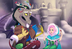 Size: 1041x713 | Tagged: safe, artist:gamblingfoxinahat, discord, fluttershy, bird, human, beauty and the beast, cape, castle, cloak, clothes, crossover, discoshy, dress, female, humanized, male, scene interpretation, shipping, snow, straight