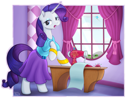 Size: 1907x1488 | Tagged: safe, artist:serenepony, derpibooru import, rainbow dash, rarity, pegasus, pony, unicorn, bipedal, boutique, clothes, curtains, digital art, dress, equestria girls outfit, female, jewelry, looking at you, mare, sewing, sewing machine, solo