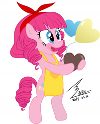 Size: 1389x1726 | Tagged: safe, artist:bluse, pinkie pie, pony, alternate hairstyle, apron, balloon, bipedal, chocolate heart, clothes, heart, open mouth, show accurate, simple background, solo, white background