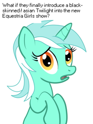 Size: 675x900 | Tagged: safe, lyra heartstrings, pony, unicorn, conspiracy lyra, equestria girls drama, exploitable meme, female, green coat, horn, looking at you, mare, meme, open mouth, simple background, solo, text, two toned mane