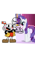 Size: 1500x2668 | Tagged: safe, edit, edited screencap, screencap, rarity, pony, unicorn, 1000 hours in ms paint, blushing, crossover, cuphead, cuphead (character), shipping, simple background, studio mdhr, white background