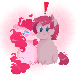 Size: 1024x1024 | Tagged: safe, artist:megaimpact, bubble berry, bubblini davinci berry, pinkie pie, earth pony, pony, bubblepie, exclamation point, female, heart, male, pinkamena diane pie, rule 63, self ponidox, selfcest, shipping, straight