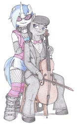 Size: 615x985 | Tagged: safe, artist:sirartemisderpington, dj pon-3, octavia melody, vinyl scratch, anthro, unguligrade anthro, cello, musical instrument, traditional art