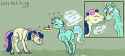 Size: 2241x1000 | Tagged: safe, bon bon, lyra heartstrings, sweetie drops, earth pony, pony, unicorn, 30 minute art challenge, comic, cupcake, food, heart, hearts and hooves day, licking, lyrabon, shipping