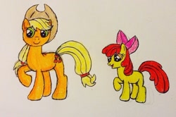 Size: 640x425 | Tagged: safe, artist:riverartist08, apple bloom, applejack, earth pony, pony, open mouth, sisters, traditional art