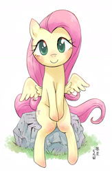 Size: 1000x1534 | Tagged: safe, artist:yanamosuda, fluttershy, pegasus, pony, blushing, cute, female, looking at you, mare, rock, shyabetes, sitting, smiling, solo, spread wings, wings