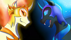 Size: 1920x1080 | Tagged: safe, artist:flaxen's art corner, derpibooru import, daybreaker, nightmare moon, alicorn, pony, angry, face to face, fanart, wallpaper