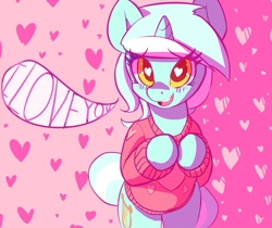 Size: 849x712 | Tagged: safe, artist:mewball, lyra heartstrings, pony, bipedal, clothes, cute, heart, i love you, solo, sweater, valentine's day