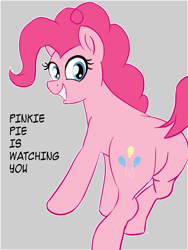Size: 1800x2400 | Tagged: safe, artist:hardbrony, pinkie pie, earth pony, pony, 1984, big brother, pinkie pie is watching you, plot, poster, simple background, smiling, solo
