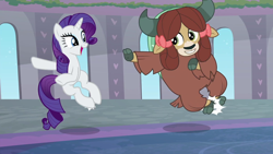 Size: 1920x1080 | Tagged: safe, screencap, rarity, yona, pony, unicorn, yak, she's all yak, beautiful, cloven hooves, cute, dancing, duo, female, fit right in, grin, hair bow, heel click, hoof click, mare, mentor and protege, monkey swings, raribetes, singing, smiling, teenager, yonadorable