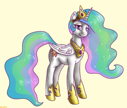 Size: 1980x1680 | Tagged: safe, artist:dukevonkessel, princess celestia, alicorn, pony, crown, ethereal mane, eyeshadow, female, hoof shoes, horn, lidded eyes, looking at you, makeup, mare, peytral, regalia, simple background, smiling, solo, wings