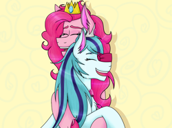 Size: 6528x4869 | Tagged: safe, artist:cornerverse, pinkie pie, sonata dusk, earth pony, pony, abstract background, absurd resolution, bow, crack shipping, crown, crying, female, hair bow, hug, jewelry, lesbian, marriage proposal, pinata (ship), ponified, regalia, shipping, smiling, tears of joy