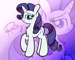 Size: 2500x2000 | Tagged: safe, artist:kimjoman, rarity, pony, unicorn, bedroom eyes, female, gradient background, looking at you, raised hoof, side view, simple background, solo, text, zoom layer