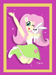 Size: 1936x2592 | Tagged: safe, artist:thebrokencog, angel bunny, fluttershy, equestria girls, armpits, boots, clothes, cute, duo, high heel boots, looking at you, one eye closed, open mouth, shyabetes, simple background, skirt, smiling, socks, wink