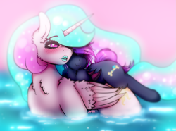 Size: 2727x2028 | Tagged: safe, artist:aaa-its-spook, princess celestia, oc, oc:spook, alicorn, demon pony, pony, canon x oc, ethereal mane, fangs, female, glowing cutie mark, glowing mane, larger female, lesbian, lipstick, makeup, piggyback ride, shipping, size difference, swimming, water