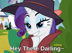 Size: 608x451 | Tagged: safe, edit, edited screencap, screencap, rarity, pony, unicorn, sparkle's seven, animated, bedroom eyes, bow, bronybait, caption, clothes, cropped, cute, darling, detective rarity, discovery family logo, eyebrow wiggle, fedora, female, gif, hat, hoof under chin, lidded eyes, mare, mischievous, raribetes, reaction image, sexy, smiling, solo, text, trenchcoat