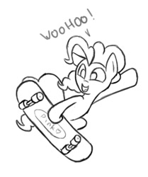 Size: 800x956 | Tagged: artist needed, source needed, safe, pinkie pie, earth pony, pony, dialogue, lineart, monochrome, simple background, skateboard, skateboarding, solo, white background