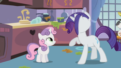 Size: 500x281 | Tagged: safe, screencap, hondo flanks, rarity, sweetie belle, pony, unicorn, sisterhooves social, animation error, cabinet, curtains, female, filly, foal, frying pan, great moments in animation, heart, kitchen, male, mare, mess, no face, oven, plate, pot, raised hoof, sink, stallion, wat, what is anatomy, window