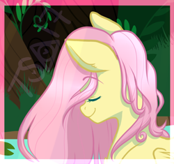 Size: 1280x1203 | Tagged: safe, artist:twisted-sketch, fluttershy, pegasus, pony, bust, eyes closed, forest, pond, portrait, signature, smiling, solo