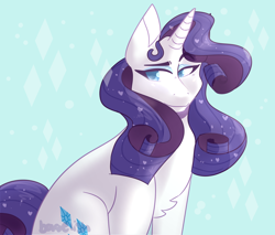 Size: 1280x1089 | Tagged: safe, artist:marsbitten, rarity, pony, unicorn, blue background, chest fluff, colored pupils, cute, cutie mark background, female, heart, mare, raribetes, rarity's cutie mark, simple background, solo