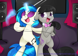 Size: 2100x1500 | Tagged: safe, artist:lustrous-dreams, dj pon-3, octavia melody, vinyl scratch, earth pony, pony, unicorn, blushing, bowtie, female, karaoke, lesbian, mare, scratchtavia, shipping