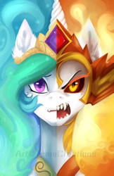 Size: 1024x1584 | Tagged: safe, artist:tomocreations, daybreaker, princess celestia, alicorn, pony, duality, female, mare, watermark