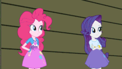 Size: 800x450 | Tagged: safe, edit, edited screencap, editor:paragonaj, screencap, pinkie pie, rarity, equestria girls, rainbow rocks, animated, bracelet, clothes, eye contact, faggot, frown, gif, grin, head tilt, jewelry, looking at each other, poster, reaction image, skirt, slur, smiling, text, ur a faget, vulgar, wide eyes