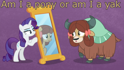 Size: 1920x1080 | Tagged: safe, edit, edited screencap, screencap, rarity, yona, earth pony, pony, unicorn, yak, she's all yak, bow, caption, cloven hooves, duo, existential crisis, female, hair bow, image macro, man or muppet, mare, mirror, ponified, pony yona, purple background, raised hoof, simple background, species swap, text, the muppets