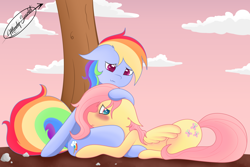 Size: 2480x1652 | Tagged: safe, artist:m. scarlet, derpibooru import, fluttershy, rainbow dash, pegasus, pony, blushing, cloud, cute, female, flutterdash, laying on pony, lesbian, shipping, signature, tree, under the tree