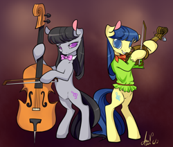 Size: 1200x1019 | Tagged: safe, artist:laceymod, fiddlesticks, octavia melody, earth pony, pony, apple family member, cello, musical instrument