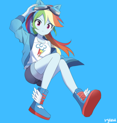 Size: 1900x2000 | Tagged: safe, artist:ryuu, derpibooru import, rainbow dash, equestria girls, anime, anime style, blue background, clothes, cute, dashabetes, female, goggles, looking at you, shorts, simple background, solo