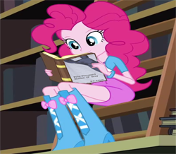 Size: 3918x3409 | Tagged: safe, edit, edited screencap, editor:mrdoctorderpy, screencap, pinkie pie, equestria girls, friendship games, absurd resolution, ashens, book, boots, bracelet, clothes, cropped, fifty shades of grey, high heel boots, jewelry, ladder, reading, skirt, solo, wrong aspect ratio