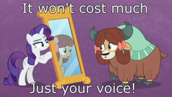 Size: 1920x1080 | Tagged: safe, edit, edited screencap, screencap, rarity, yona, earth pony, pony, unicorn, yak, she's all yak, bow, caption, cloven hooves, duo, female, fit right in, hair bow, image macro, mare, mirror, movie reference, ponified, pony yona, poor unfortunate souls, purple background, simple background, song reference, species swap, text, the little mermaid