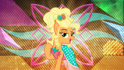 Size: 3840x2160 | Tagged: safe, artist:andoanimalia, artist:laszlvfx, derpibooru import, edit, applejack, earth pony, pony, alternate hairstyle, applejewel, clothes, dress, female, mare, solo, wallpaper, wallpaper edit