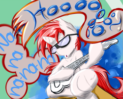 Size: 659x528 | Tagged: safe, artist:frist44, oc, oc only, oc:dbpony, pony, unicorn, glasses, guitar, hooves, miles, musician, singing, solo, squishy