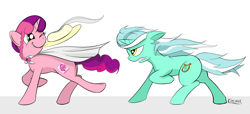 Size: 1200x545 | Tagged: safe, artist:cheshiresdesires, lyra heartstrings, oc, oc:marker pony, earth pony, pony, unicorn, 4chan, accessory theft, cape, clothes, duo, gritted teeth, hat, lyra is not amused, one eye closed, running, smiling, windswept mane, wink