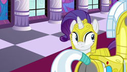 Size: 1920x1080 | Tagged: safe, screencap, rarity, pony, unicorn, sparkle's seven, armorarity, looking at something, plot, royal guard, royal guard armor, royal guard rarity, window