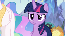 Size: 1366x768 | Tagged: safe, screencap, applejack, princess celestia, twilight sparkle, twilight sparkle (alicorn), alicorn, earth pony, pony, school daze, >:), cute, evil grin, smiling, smirk, twilight's castle