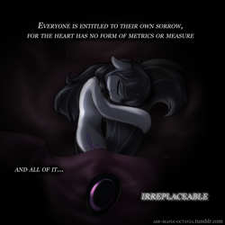 Size: 2000x2000 | Tagged: safe, artist:zedrin, octavia melody, earth pony, pony, caption, crying, dark, deep, depressed, eyes closed, floppy ears, hat, lonely, mafia, mafia octavia, on side, rwby, sad, tail, tail hug