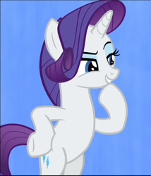 Size: 660x772 | Tagged: safe, screencap, rarity, pony, unicorn, she's all yak, beautiful, bipedal, blue eyes, cropped, female, fit right in, grin, hair flip, hoof on hip, lidded eyes, light blue background, looking at someone, mare, narrowed eyes, raised eyebrow, raised hoof, singing, smiling, solo, standing up, thinking, underhoof