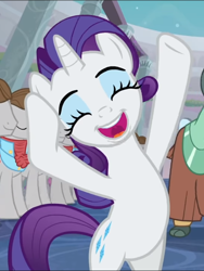 Size: 580x770 | Tagged: safe, screencap, rarity, yona, pony, unicorn, yak, she's all yak, background pony, bipedal, cloven hooves, cropped, cute, eyes closed, eyeshadow, female, fit right in, hair flip, happy, makeup, male, mare, obscured face, offscreen character, open mouth, raised hoof, raribetes, singing, smiling, solo focus, stallion, standing up