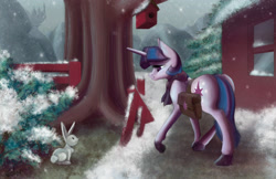 Size: 1881x1217 | Tagged: safe, artist:solarsourced, derpibooru import, twilight sparkle, pony, rabbit, clothes, female, mare, scarf, snow, snowfall, winter