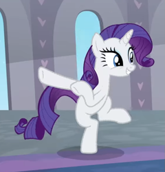 Size: 603x628 | Tagged: safe, screencap, rarity, pony, unicorn, she's all yak, bipedal, cropped, dancing, excited, female, fit right in, mare, raised hoof, smiling, solo, underhoof