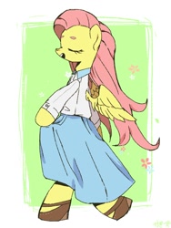 Size: 768x1024 | Tagged: safe, artist:kagitsuki, fluttershy, pegasus, pony, bipedal, clothes, eyes closed, simple background, solo, walking