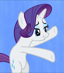 Size: 671x770 | Tagged: safe, screencap, rarity, pony, unicorn, she's all yak, bipedal, blue background, cropped, female, fit right in, lidded eyes, mare, simple background, solo, spread hooves