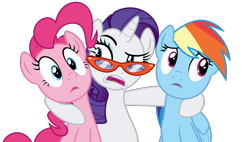 Size: 1205x684 | Tagged: safe, artist:sollace, derpibooru exclusive, derpibooru import, pinkie pie, rainbow dash, rarity, earth pony, pegasus, pony, unicorn, rarity takes manehattan, .svg available, bipedal, glasses, looking at you, looking away, open mouth, raised eyebrow, rarity's glasses, simple background, svg, transparent background, trio, vector